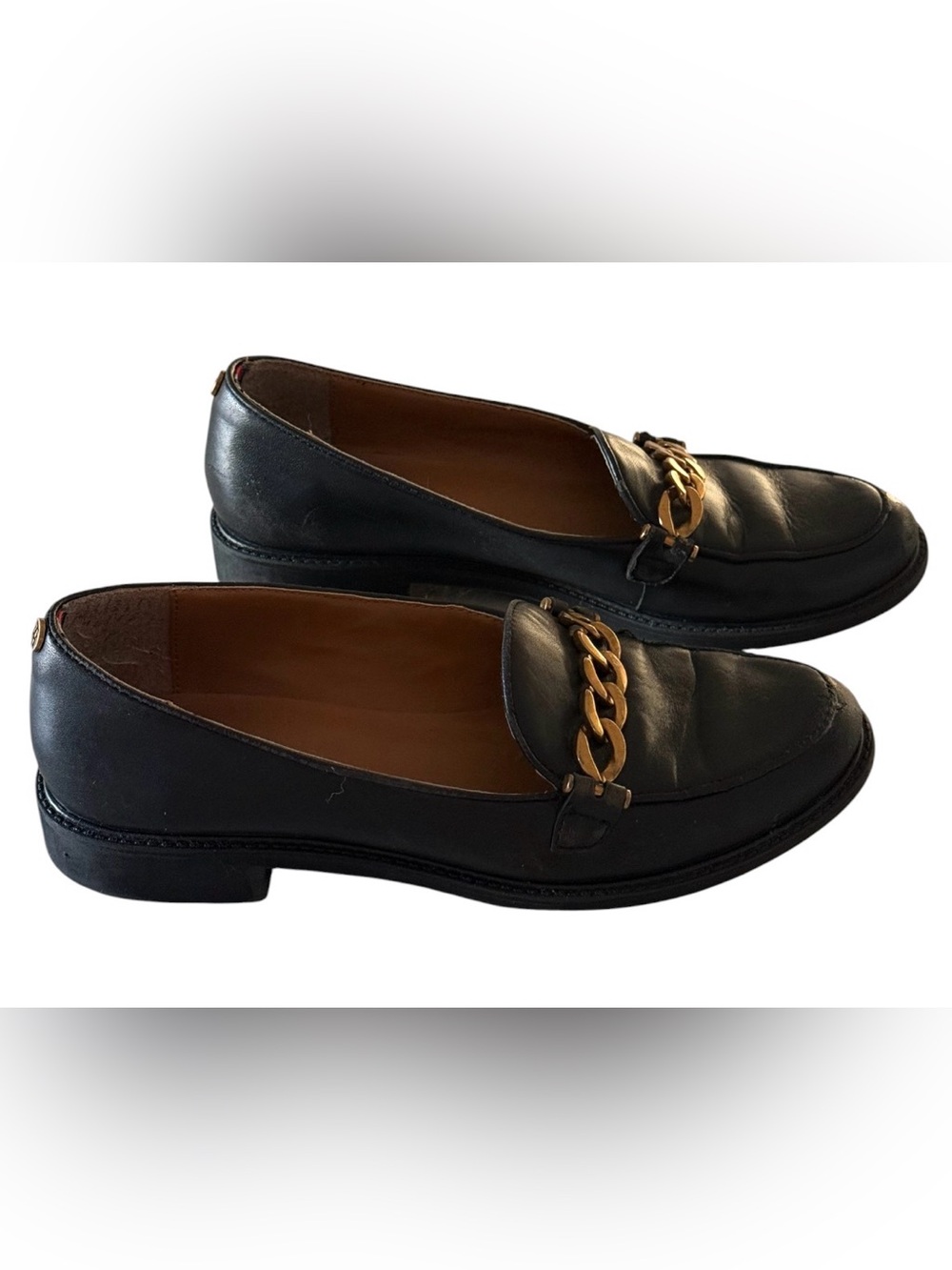 Tommy Hilfiger Black Leather Y2K Preppy Loafers with Gold Chain sz8
